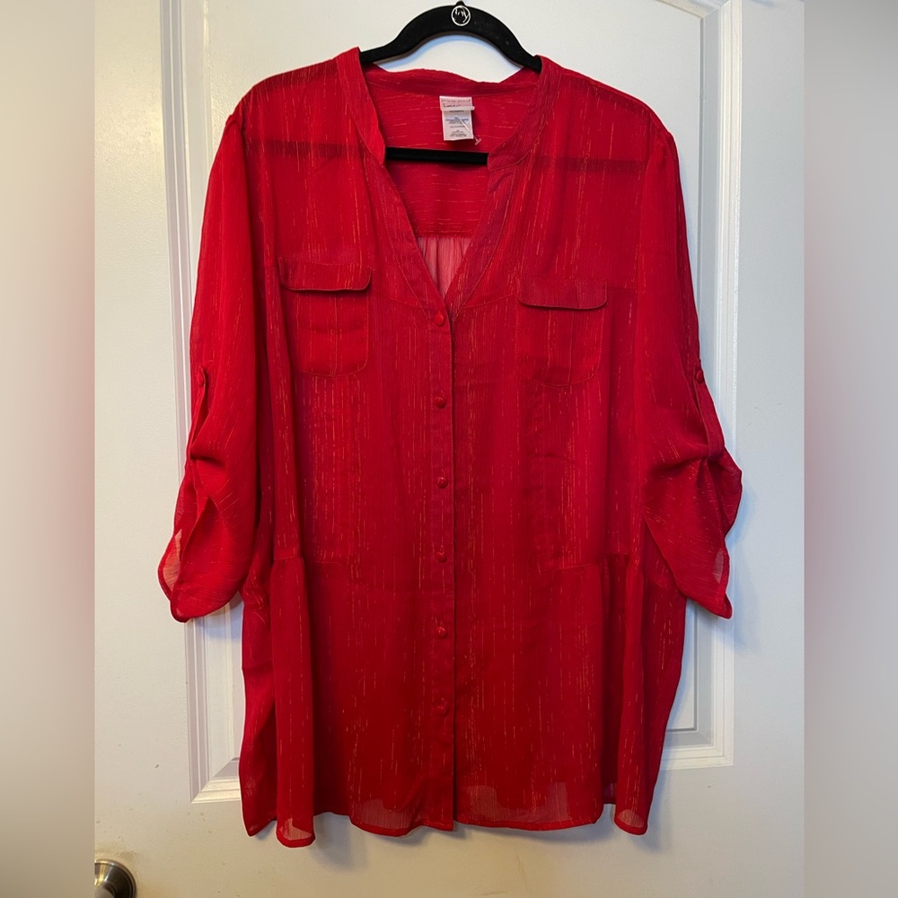Just My Size 3X Vibrant Red Sheer Button Front Blouse